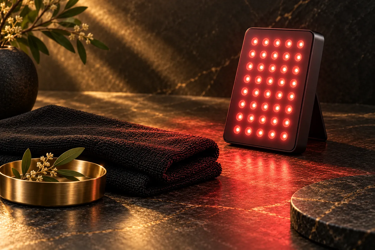 Small unbranded red-light panel casting a restrained red glow across charcoal stone
